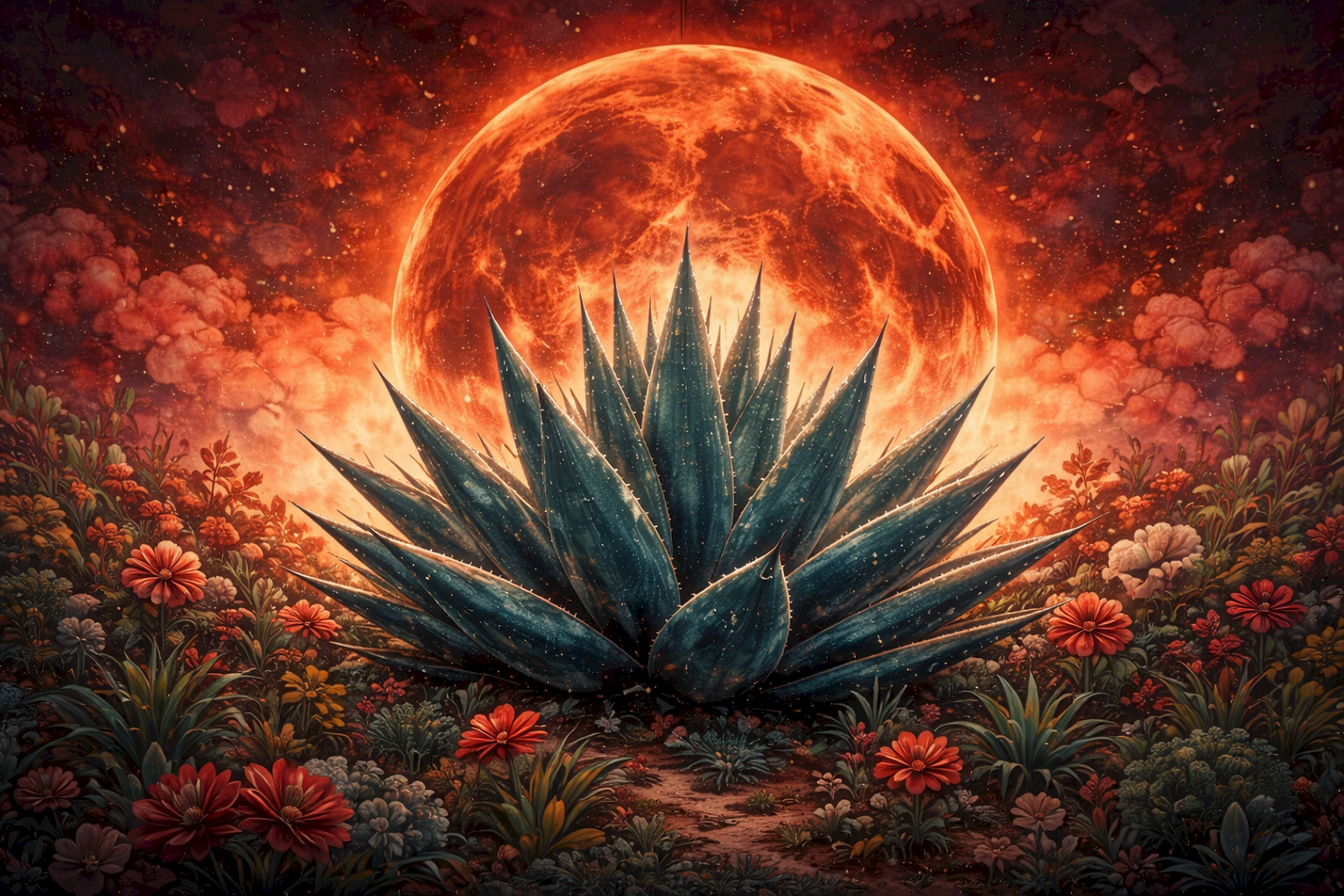 A large blue-green succulent in a surreal desert garden with red flowers, under a dramatic red lunar glow and fiery clouds, moody and mystical.