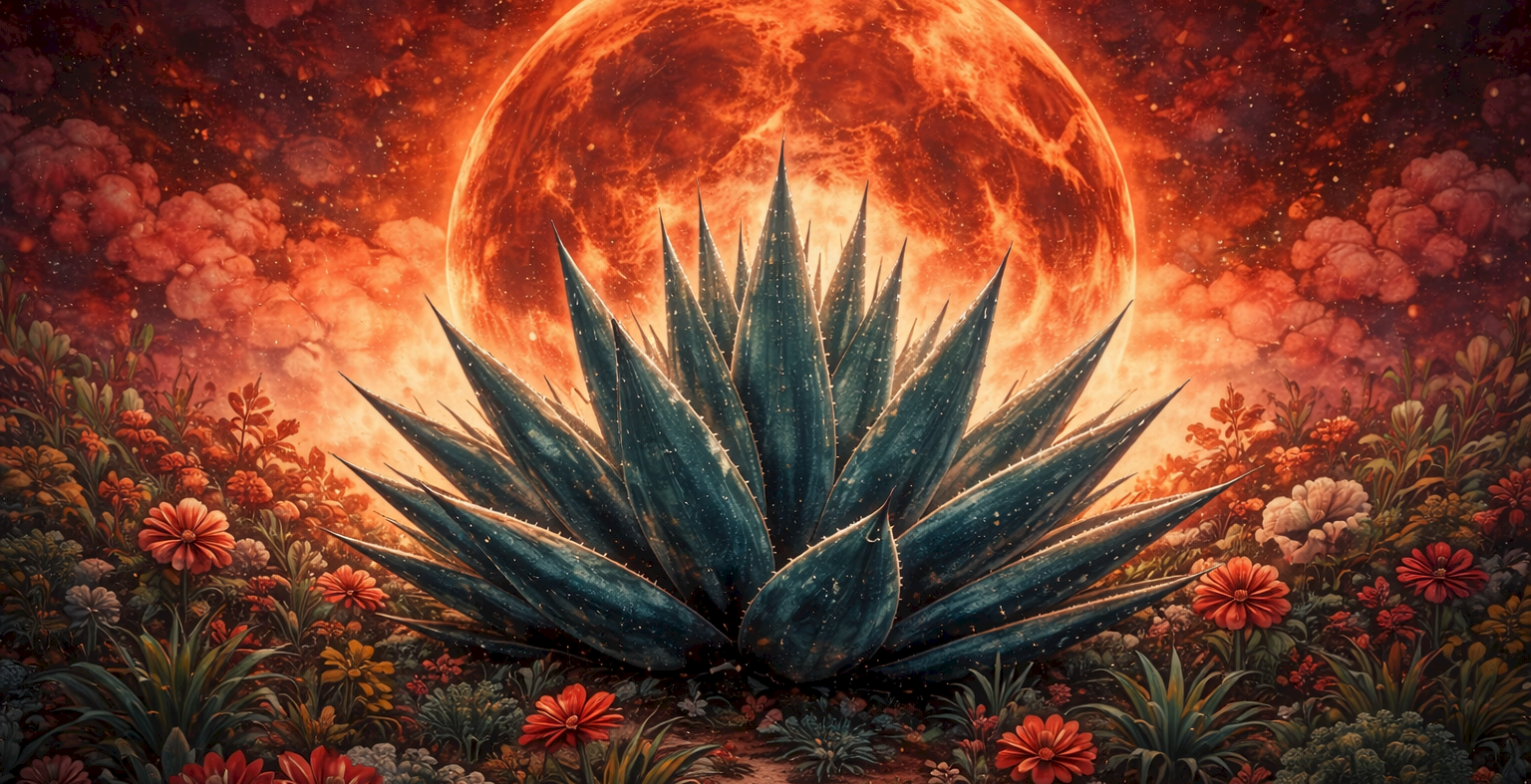 A large blue-green succulent in a surreal desert garden with red flowers, under a dramatic red lunar glow and fiery clouds, moody and mystical.