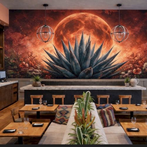 A futuristic, sunlit dining hall with a long wooden table, technological panels, and a glass dome ceiling showing a fiery nebula above.