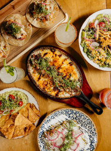 A table of colorful dishes with creamy pasta, a crusty loaf, a salad, and a spoonful of sauce, all temptingly plated for sharing.