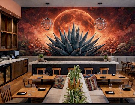 A cozy restaurant interior with a dramatic mural of a large agave plant against a red moon sky, warm wood tables, plants, and soft lighting.