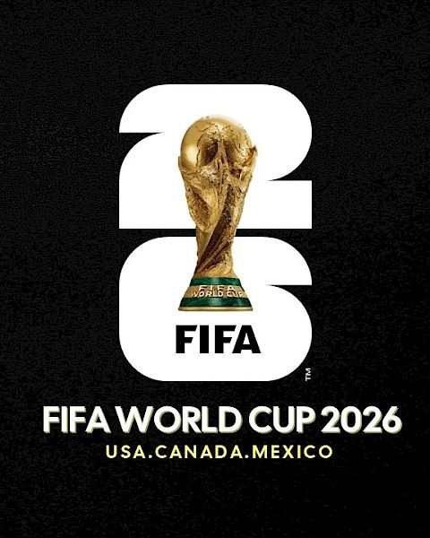A FIFA World Cup 2026 logo on a black background, flanked by colorful vertical borders; text reads &ldquo;FIFA WORLD CUP 2026 USA, CANADA, MEXICO.&rdquo;