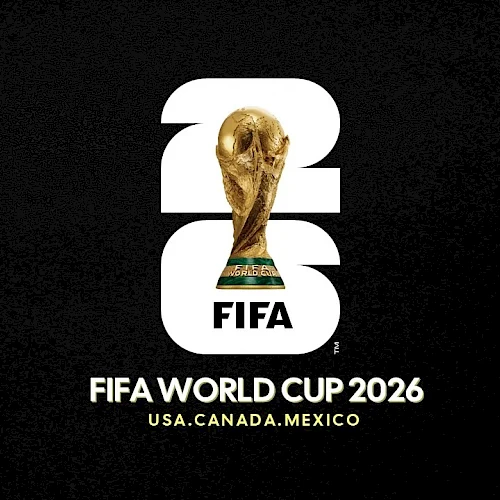 A FIFA World Cup 2026 logo on a black background, flanked by colorful vertical borders; text reads “FIFA WORLD CUP 2026 USA, CANADA, MEXICO.”
