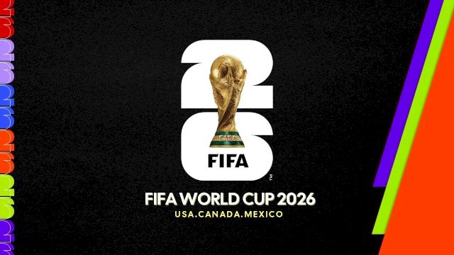 A FIFA World Cup 2026 logo on a black background, flanked by colorful vertical borders; text reads &ldquo;FIFA WORLD CUP 2026 USA, CANADA, MEXICO.&rdquo;