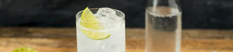 A clear lime-and-ice cocktail in a tall glass sits on a wooden bar with lime wedges, plus a jigger and shot glass.