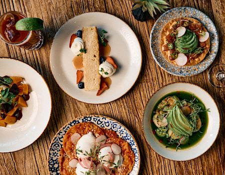 A spread of elegant small plates: a sushi-tinish roll, a green pesto pasta, a taco-like dish, a colorful salad, and a dessert bowl, all on a wooden table, with drinks nearby.